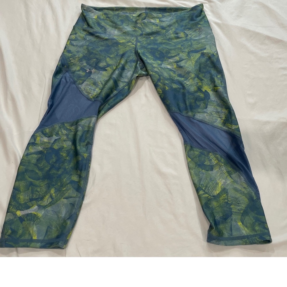 Under Armour HeatGear Compression Leggings 2XL Green Blue Mesh Crop Pants